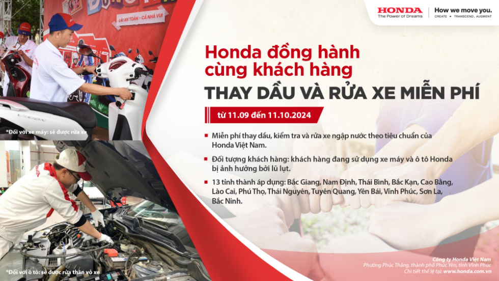 Honda Việt Nam hỗ trợ người dân các tỉnh miền Bắc Kiểm tra và thay dầu miễn phí xe hư hại do mưa lũ gây ra